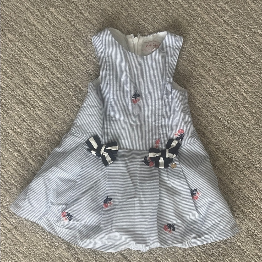 Lili Gaufrette Baby Girl Blue and White Striped Dress w/ Floral Embroidery 12M
